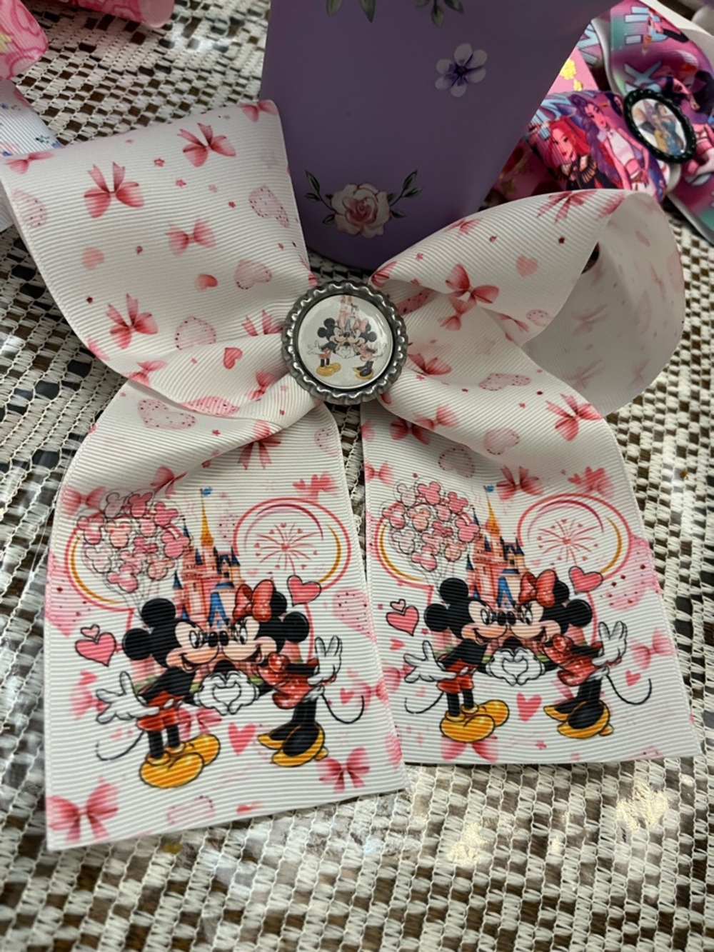 Pink Minnie & Mickey Printed Kids Hair Bow with Center Charm